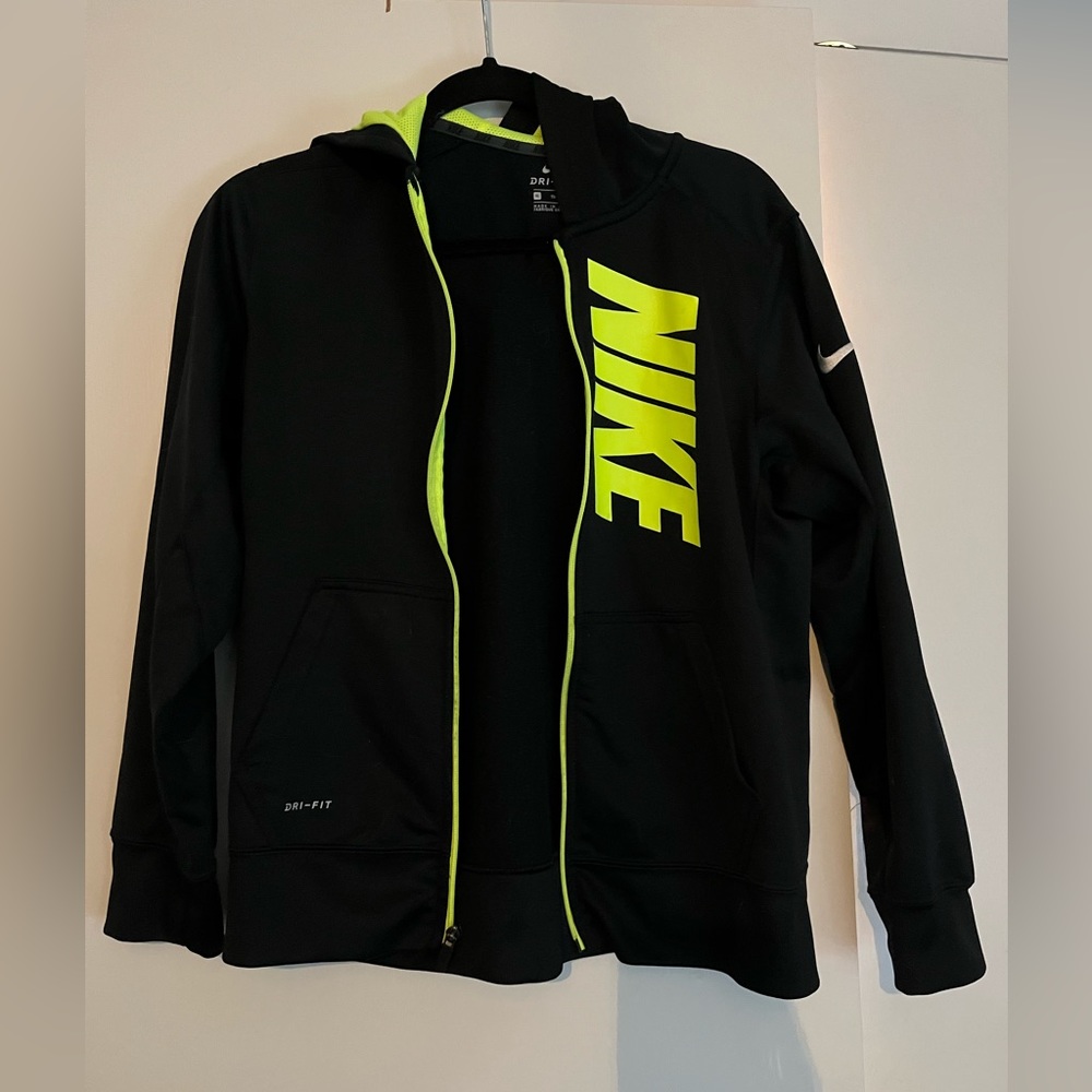 Nike dri-fit black and neon green zip up hoodie